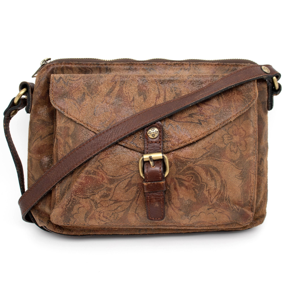 Patricia Nash Avellino Napa Etched Floral Collection Brown Leather Crossbody